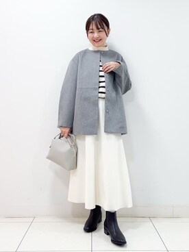 「Dessin（デッサン）のウール混クルーネックコート（ノーカラーコート、グレー系）」を使った、nakajoさん（レディース・155cm）の冬コーディネート