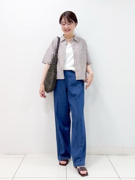「Dessin（デッサン）の【洗える】クロップド丈シャツ（XS～L）（シャツ/ブラウス、ブラウン系）」を使った、nakajoさん（レディース・155cm）の夏コーディネート