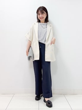 「Dessin（デッサン）の【洗える】麻調ポリジャケット（テーラードジャケット、ベージュ系）」を使った、nakajoさん（レディース・155cm）の夏コーディネート