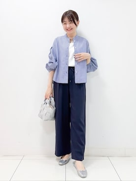 「Dessin（デッサン）の【洗える】バンドカラーストライプシャツ（XS～L）（シャツ/ブラウス、ブルー系）」を使った、nakajoさん（レディース・155cm）の春コーディネート