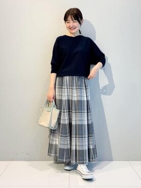 「Dessin（デッサン）の【選べる7色展開・洗える】後ろボタンニットプルオーバー七分袖（XS～L）（ニット/セーター、ブルー系）」を使った、nakajoさん（レディース・155cm）の春コーディネート
