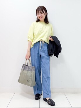 「Dessin（デッサン）の【360度可愛い・洗える】バックヘンリーカットソー（5分袖/XS~L）（Tシャツ/カットソー、イエロー系）」を使った、nakajoさん（レディース・155cm）の夏コーディネート