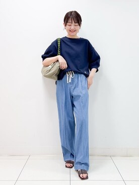 「Dessin（デッサン）の【360度可愛い・洗える】バックヘンリーカットソー（5分袖/XS~L）（Tシャツ/カットソー、ブルー系）」を使った、nakajoさん（レディース・155cm）の夏コーディネート