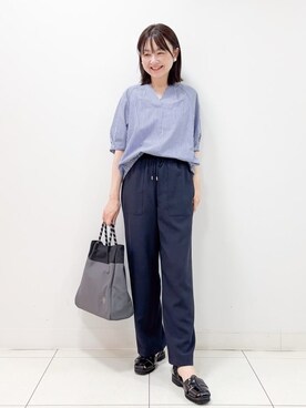 「Dessin（デッサン）の【洗える・4サイズ展開】パフスリーブ五分袖ブラウス（XS～L）（シャツ/ブラウス、ブルー系）」を使った、nakajoさん（レディース・155cm）の夏コーディネート