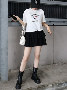 「SpRay（スプレイ）のKITTYプリントショート丈Tシャツ（Tシャツ/カットソー、ホワイト系）」を使った、sprayofficialさん（レディース・163cm）の夏コーディネート