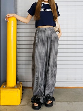 「SpRay（スプレイ）のチェックワイドパンツ（その他パンツ、ブラック系）」を使った、sprayofficialさん（レディース・163cm）の夏コーディネート
