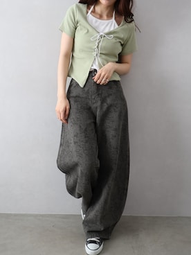 「SpRay（スプレイ）のムラ染ブロークンパンツ（その他パンツ、グリーン系）」を使った、sprayofficialさん（レディース・163cm）の夏コーディネート