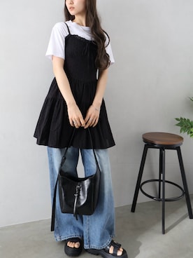 「SpRay（スプレイ）の【安心の裏地付き/最旬ワンピ】韓国っぽガーリードットミニキャミワンピース（ワンピース、ブラック系）」を使った、sprayofficialさん（レディース・163cm）の夏コーディネート