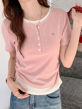 「SpRay（スプレイ）の【1枚でおしゃれ完成/時短】配色ヘンリーフェイクレイヤードトップス（Tシャツ/カットソー、ピンク系）」を使った、sprayofficialさん（レディース・163cm）の夏コーディネート