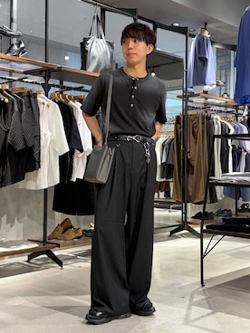 「RAGEBLUE（レイジブルー）の＜接触冷感＞COOL FEELING TR WIDE STRAIGHT SLACKS/TRワイドストレートスラックス（スラックス、ブラック系）」を使った、omu0324さん（メンズ）の夏コーディネート
