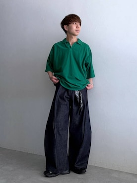「RAGEBLUE（レイジブルー）の【Champion/チャンピオン】別注スキッパースウェットT＜セットアップ着用可能＞（Tシャツ/カットソー、グリーン系）」を使った、omu0324さん（メンズ）の夏コーディネート