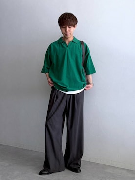 「RAGEBLUE（レイジブルー）の【Champion/チャンピオン】別注スキッパースウェットT＜セットアップ着用可能＞（Tシャツ/カットソー、グリーン系）」を使った、omu0324さん（メンズ）の夏コーディネート