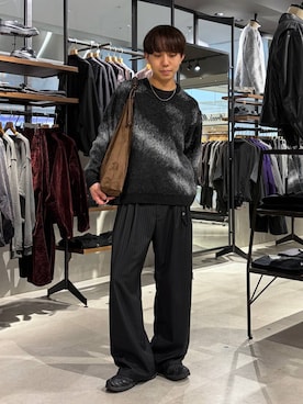 「RAGEBLUE（レイジブルー）のEYELET BELT TR STRAIGHT WIDE SLACKS / アイレットベルト付き/TRワイドスラックス（スラックス、ブラック系）」を使った、omu0324さん（メンズ）の秋コーディネート