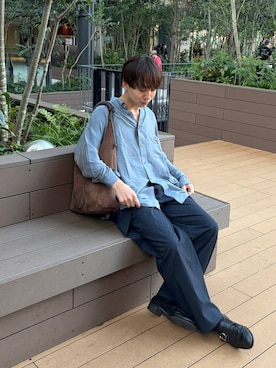 「RAGEBLUE（レイジブルー）のINVERTED PLEATS WIDE SLACKS/インバーテッドプリーツワイドスラックス（スラックス、ブルー系）」を使った、omu0324さん（メンズ）の秋コーディネート