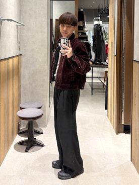 「RAGEBLUE（レイジブルー）のEYELET BELT TR STRAIGHT WIDE SLACKS / アイレットベルト付き/TRワイドスラックス（スラックス、ブラック系）」を使った、omu0324さん（メンズ）の秋コーディネート