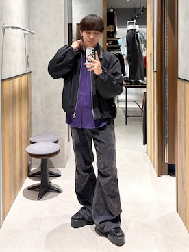 「RAGEBLUE（レイジブルー）の【LUXURY＋EASY】＜イージーケア＞TIED UP OVERSIZED DRAPE SHIRTS/ラグイージータイ付きオーバーサイズシャツ（シャツ/ブラウス、パープル系）」を使った、omu0324さん（メンズ）の秋コーディネート