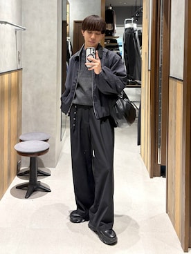 「RAGEBLUE（レイジブルー）のEYELET BELT TR STRAIGHT WIDE SLACKS / アイレットベルト付き/TRワイドスラックス（スラックス、ブラック系）」を使った、omu0324さん（メンズ）の秋コーディネート