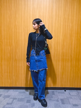 「ELCHELE（エルチェレ）のPIPING LS TOP（Tシャツ/カットソー、ブラック系）」を使った、ayaka7ninnomamaさん（レディース・162cm）の春コーディネート
