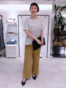 「UNTITLED（アンタイトル）の【Tシャツ】異素材ドッキングプルオーバー（Tシャツ/カットソー、ホワイト系）」を使った、まちこさん（レディース・169cm）の夏コーディネート