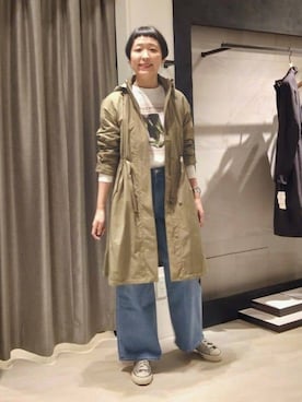 「アイテム（モッズコート、グリーン系）」を使った、まちこさん（レディース・169cm）の春コーディネート