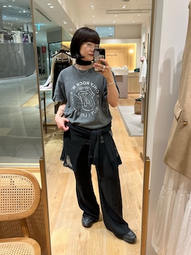 「LOUNGEDRESS（ラウンジドレス）のイージーフレアパンツ（その他パンツ、ブラック系）」を使った、na_miiさん（レディース・156cm）の夏コーディネート