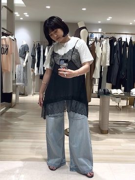 「LOUNGEDRESS（ラウンジドレス）のレースシフォンキャミ（キャミソール、ブラック系）」を使った、na_miiさん（レディース・156cm）の夏コーディネート