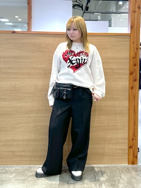 「X-girl（エックスガール）のWAIST ADJUSTABLE WIDE TUCK PANTS（スラックス）」を使った、あまねさん（レディース・160cm）の秋コーディネート