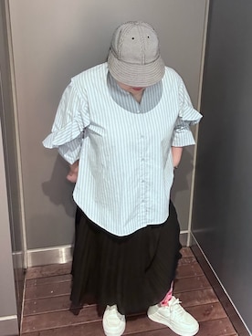 「OVERRIDE（オーバーライド）のOVERRIDE  SUCKER GINGHAM WIDE CAP SGP / オーバーライド（キャップ、ブラック系）」を使った、ほしちゃんさん（レディース・158cm）の夏コーディネート