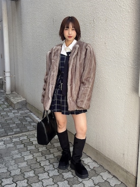 「jouetie（ジュエティ）のリボンタイミドルファーコート（その他アウター、グレー系）」を使った、Nunさん（レディース・156cm）の秋コーディネート