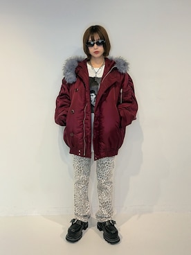 「jouetie（ジュエティ）のルーズN2Bブルゾン（ブルゾン、レッド系）」を使った、Nunさん（レディース・156cm）の秋コーディネート
