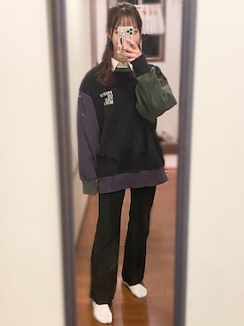 「シャツ×スウェット」｜momo∨̈さん（レディース・159cm）の秋コーディネート