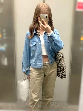 「ショート丈トップス」｜「アイテム（デニムジャケット）」を使った、momo∨̈さん（レディース・159cm）の夏コーディネート