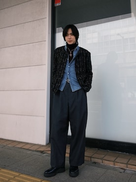 「アイテム（ノーカラーコート）」を使った、Kazuhiro Hamadaさん（メンズ・175cm）の秋コーディネート