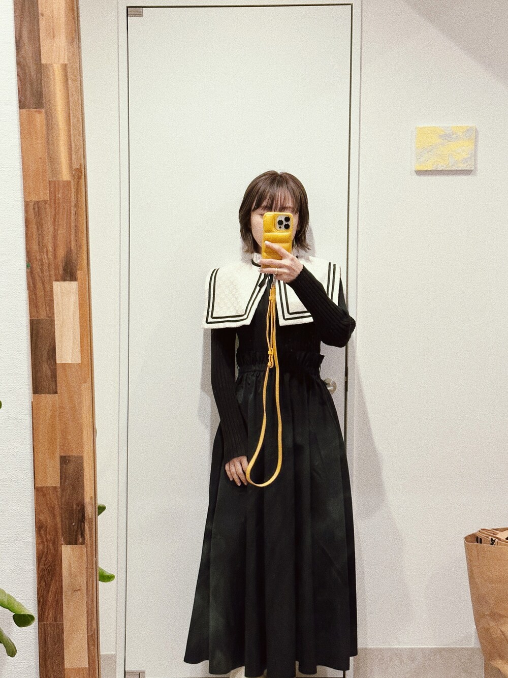 「春服デビュー宣言、お出かけコーデ、春服みてみて、きれいめコーディネート、高橋愛、つけ襟、HOUGA、154cm、ドッキングワンピ」｜「HOUGAのアイテム（付け襟、ホワイト系）」を使った、高橋愛さん（レディース・154cm）の春コーディネートの1枚目の写真