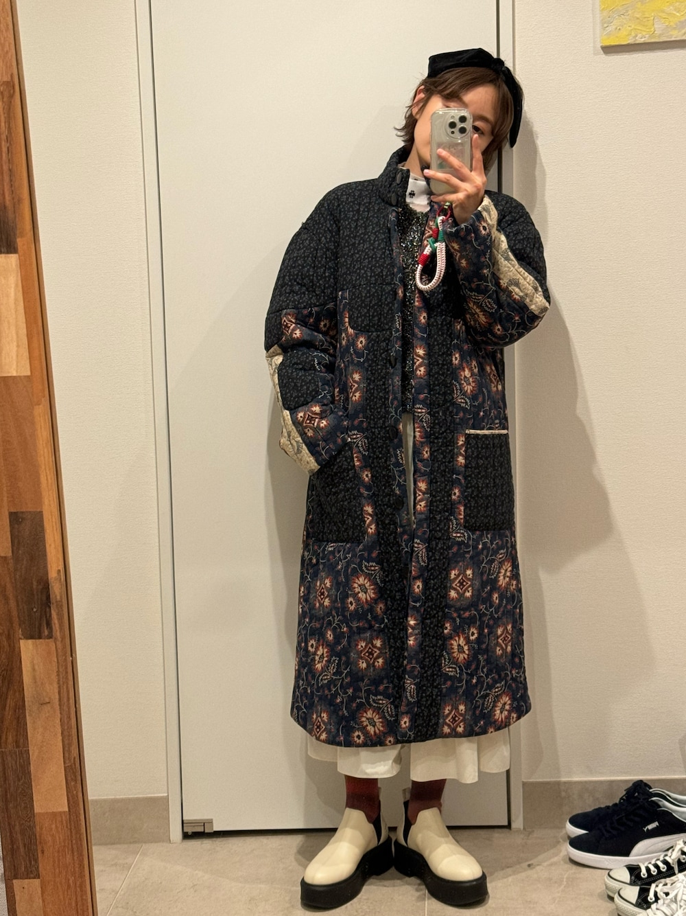 「リボンカチューシャ、カチューシャ、リボン、COUDRE、高橋愛、パッチワーク、SEA NEWYORK、sea、The Row、ザロー、エレンディーク、ELENDEEK」｜「sea new yorkのアイテム（ジャケット/アウター、その他）」を使った、高橋愛さん（レディース・154cm）の冬コーディネートの1枚目の写真