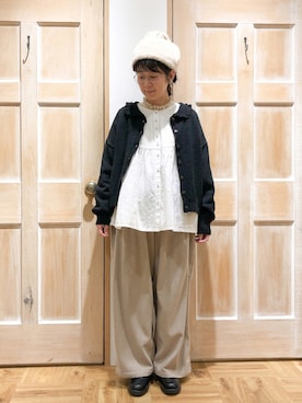 「Samansa Mos2（サマンサ モスモス）のウール混起毛ストレートパンツ（その他パンツ、ベージュ系）」を使った、mizukiさん（レディース・155cm）の秋コーディネート