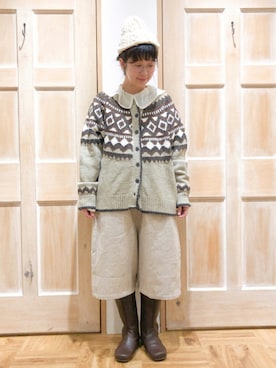 「Samansa Mos2（サマンサ モスモス）のジャカードカーディガン（カーディガン/ボレロ、ベージュ系）」を使った、mizukiさん（レディース・155cm）の秋コーディネート