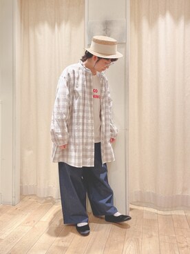 「Samansa Mos2（サマンサ モスモス）の太リボンカンカン帽（ハット、ホワイト系）」を使った、mizukiさん（レディース・155cm）の春コーディネート