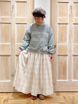 「Samansa Mos2（サマンサ モスモス）のコットンリネンチェック柄ギャザースカート（スカート、ホワイト系）」を使った、mizukiさん（レディース・155cm）の冬コーディネート