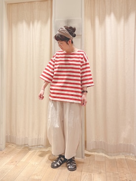 「Samansa Mos2（サマンサ モスモス）のボーダーTシャツ（Tシャツ/カットソー、レッド系）」を使った、mizukiさん（レディース・155cm）の春コーディネート