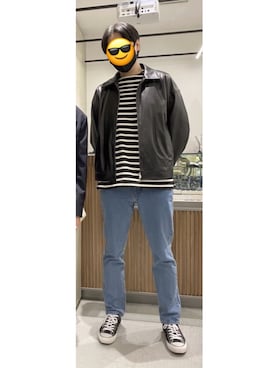 「ボーダートップス」｜「アイテム（ライダースジャケット）」を使った、kyungさん（メンズ・186cm）の春コーディネート