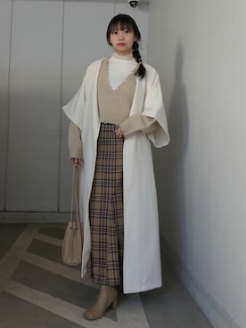 「巾着バッグ」｜「アイテム（ノーカラーコート）」を使った、ななさん（レディース・163cm）の秋コーディネート