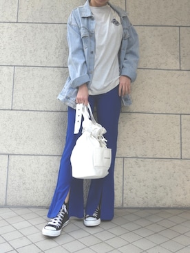 「スリットパンツ」｜「アイテム（デニムジャケット）」を使った、ななさん（レディース・163cm）の春コーディネート