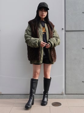 「ファー」｜「アイテム（MA-1）」を使った、ななさん（レディース・163cm）の秋コーディネート