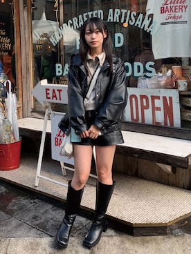 「フェイクレザー」｜「アイテム（その他）」を使った、ななさん（レディース・163cm）の秋コーディネート
