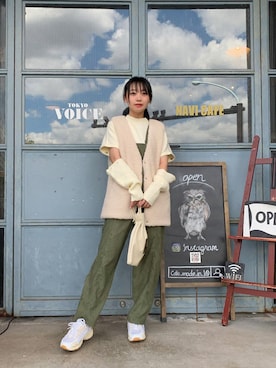 「ボアベスト」｜「アイテム（オールインワン・サロペット）」を使った、ななさん（レディース・163cm）の秋コーディネート