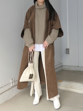 「巾着バッグ」｜「アイテム（ノーカラーコート）」を使った、ななさん（レディース・163cm）の冬コーディネート