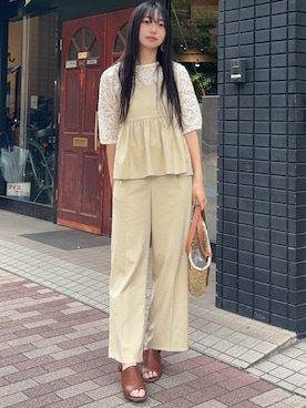 「アイテム（サロペット/オーバーオール、ベージュ系）」を使った、ななさん（レディース・163cm）の夏コーディネート