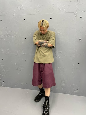 「A4A（エーフォーエー）のA4A/エーフォーエー/強撚糸ラウンドポケット半袖Tシャツ（Tシャツ/カットソー、グリーン系）」を使った、natsushiさん（メンズ・175cm）の夏コーディネート