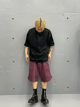 「A4A（エーフォーエー）のA4A/エーフォーエー/強撚糸ラウンドポケット半袖Tシャツ（Tシャツ/カットソー、ブラック系）」を使った、natsushiさん（メンズ・175cm）の夏コーディネート